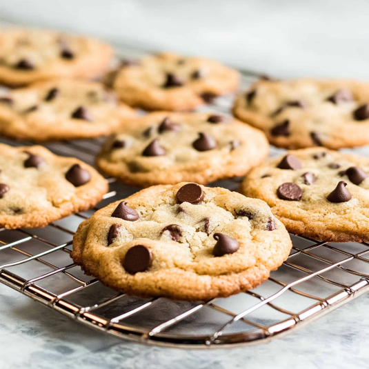 Freshly baked chocolate chip cookies cooling on a wire rack with melted chocolate chips