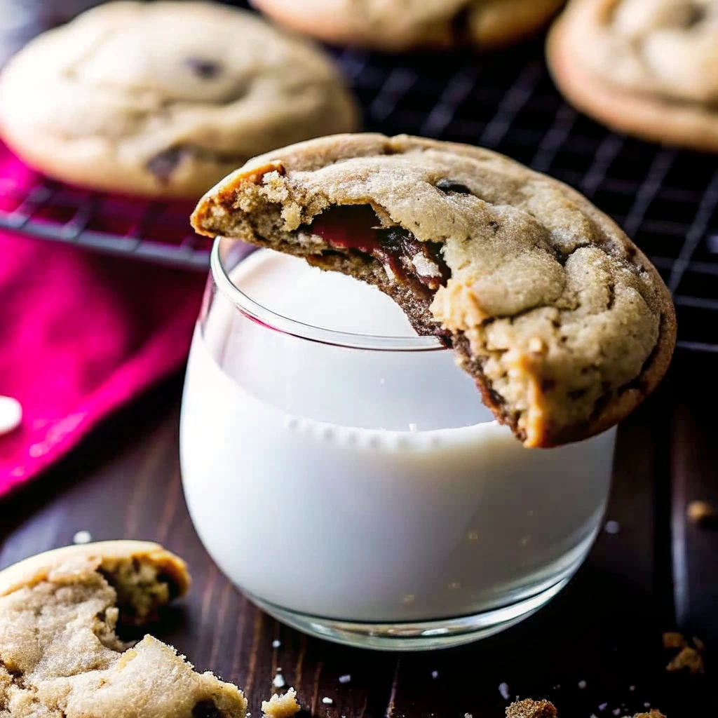 Nutella-stuffed cookie resting on a glass of milk with a bite taken out.