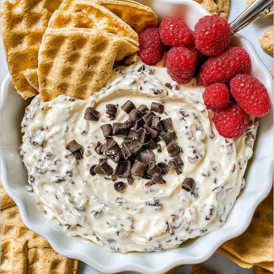 Bowl of creamy cannoli dip mixed with chocolate shavings, served with waffle cookie pieces and fresh raspberries on the side.