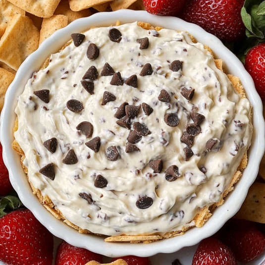 Bowl of creamy cannoli dip topped with chocolate chips,