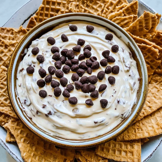 Bowl of creamy cannoli dip topped with chocolate chips, served with waffle cookie pieces around the dish.