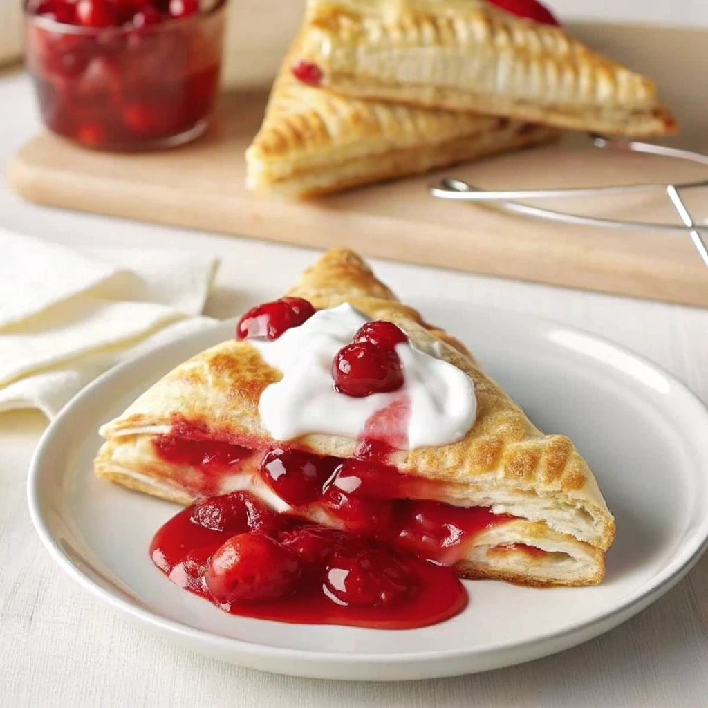 Cherry turnover topped with whipped cream and cherry filling on a white plate, with more turnovers and cherry filling in the background.