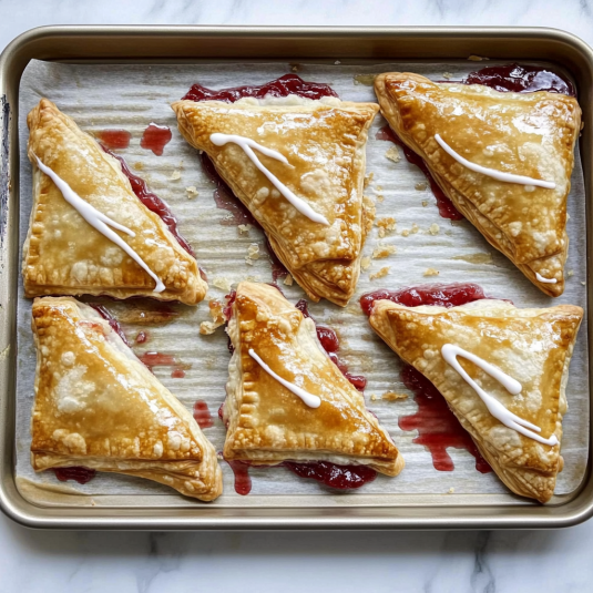 cherry turnovers on a white plate, showing flaky golden pastry filled with bright red cherry filling.