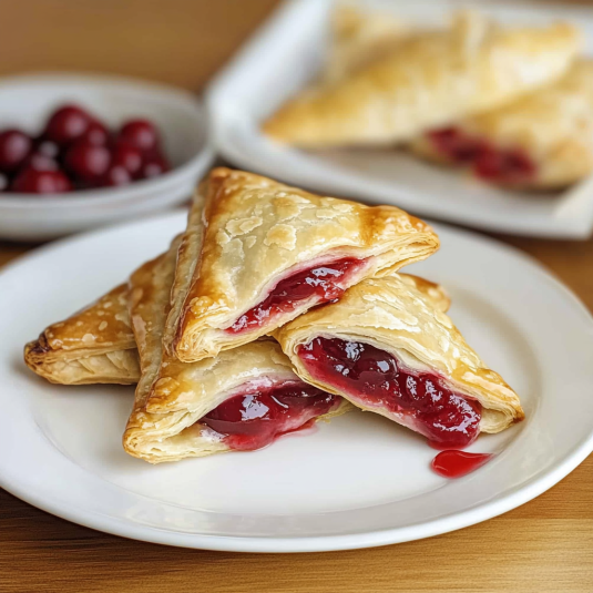Freshly baked cherry turnovers on a white plate, showing flaky golden pastry filled with bright red cherry filling.
