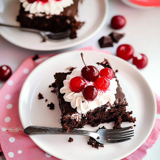 moist chocolate cherry cake topped with whipped cream