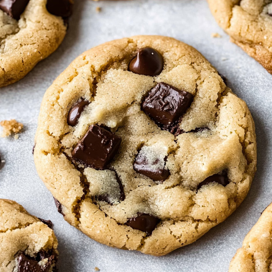 chocolate chip cookies with melted chocolate chunks on a marble surface