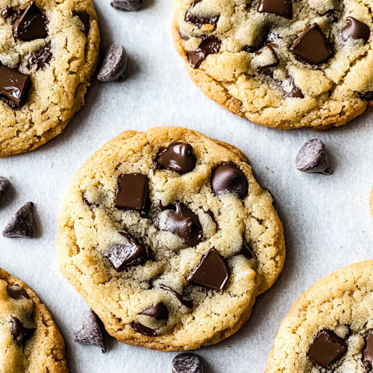 Soft and chewy chocolate chip cookies with melted chocolate chunks on a marble surface