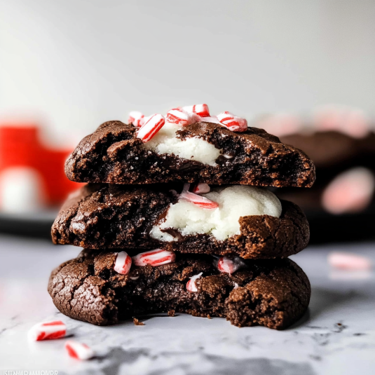 Cooling rack filled with chocolate peppermint cookies topped with white peppermint frosting