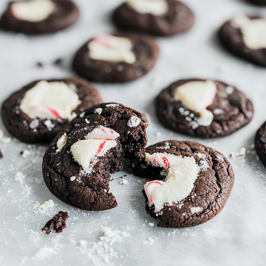 Close-up of chewy chocolate peppermint cookies with melted white peppermint pieces on top.