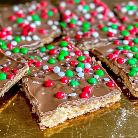 Christmas Crack made with saltine crackers, buttery toffee, melted chocolate,