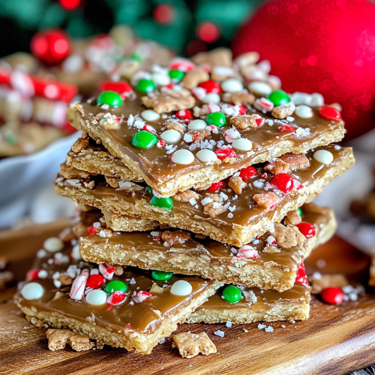 Christmas Crack made with saltine crackers, buttery toffee, melted chocolate, and festive holiday toppings