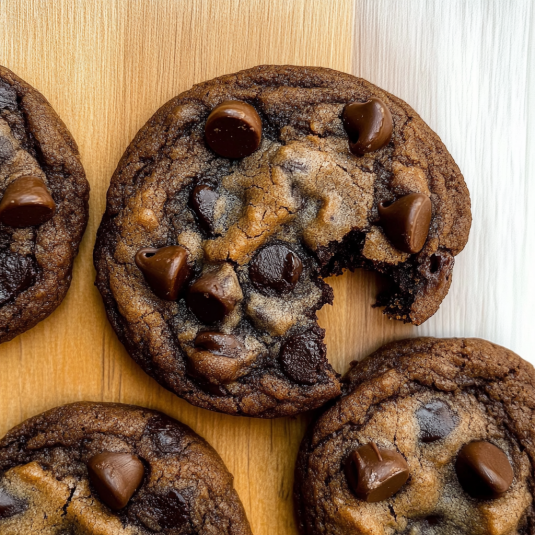 baked double chocolate chip cookies with rich cocoa dough and melted chocolate