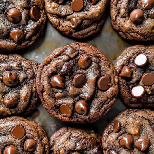 Freshly baked double chocolate chip cookies with rich cocoa dough and melted chocolate chips