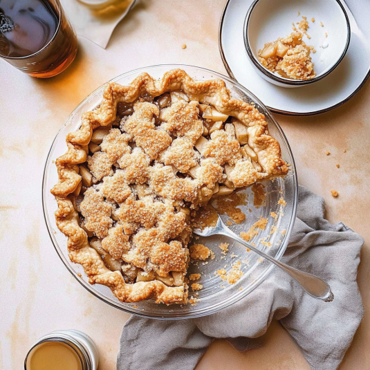 Homemade Dutch apple pie with a buttery crumb topping and flaky crust, partially sliced in a glass pie dish