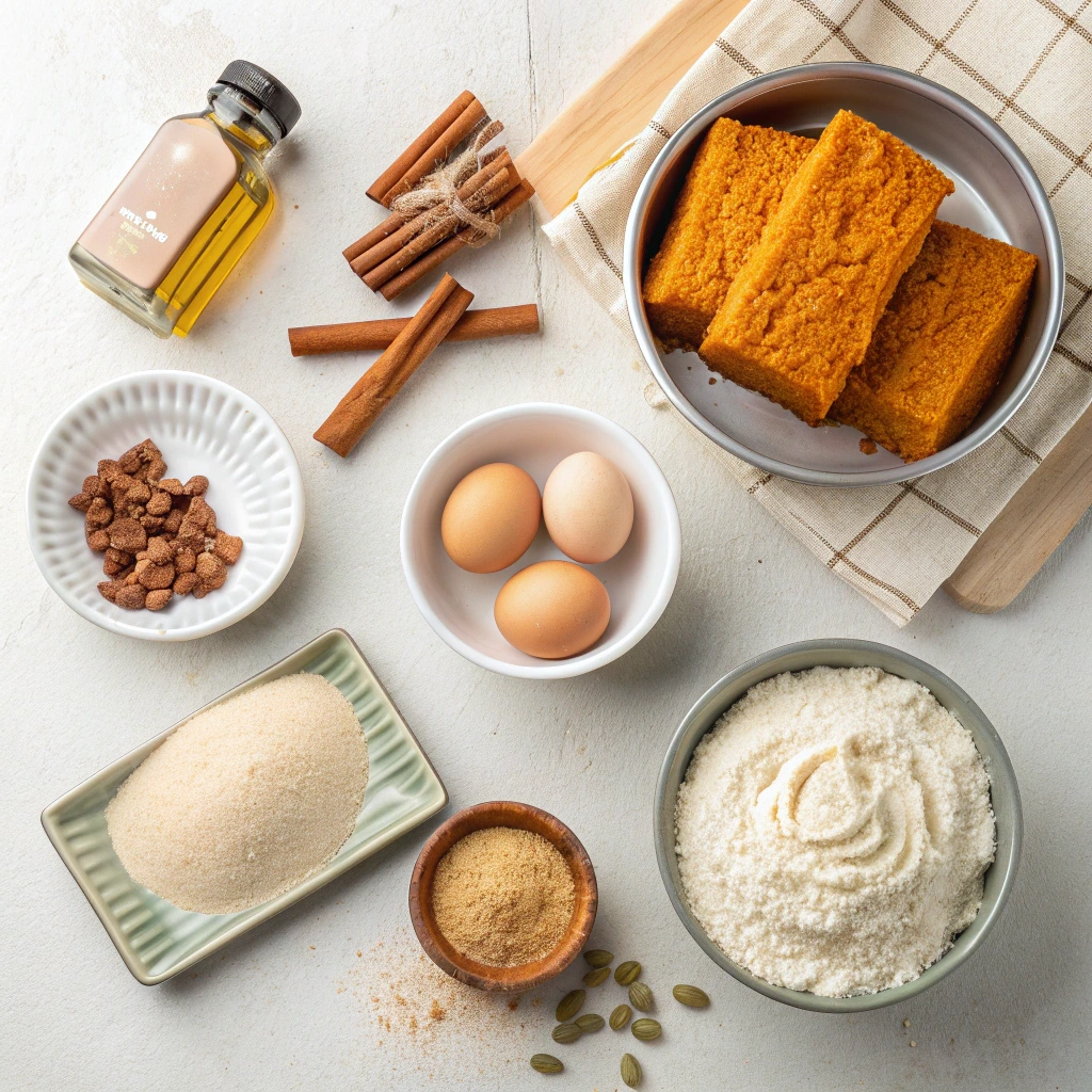 Ingredients for pumpkin bars including pumpkin puree, eggs, flour, sugar, cinnamon, and oil