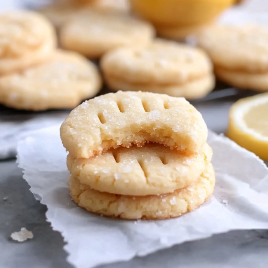 Soft and chewy lemon sugar cookies stacked on parchment paper with fresh lemon in the background
