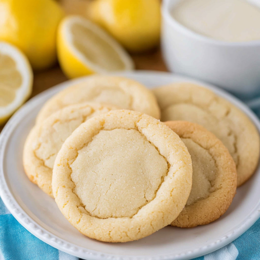 lemon sugar cookies stacked on parchment paper with fresh lemon in the background