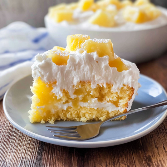 Pineapple poke cake slice with whipped cream topping and pineapple chunks