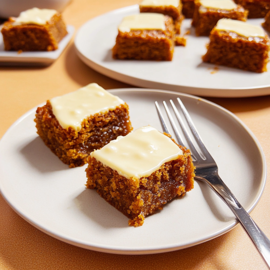 Slice of moist pumpkin bar topped with cream cheese frosting and chopped nuts