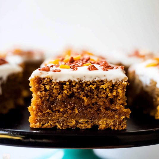 Slice of moist pumpkin bar topped with cream cheese frosting and chopped nuts