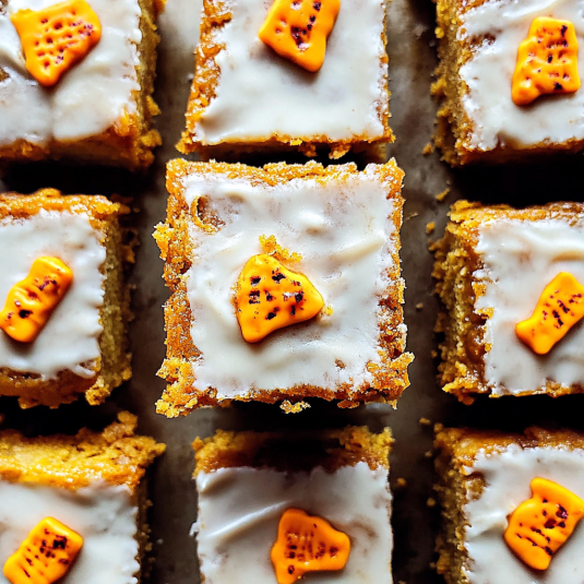 Pumpkin bars topped with smooth cream cheese frosting and pumpkin candy pieces