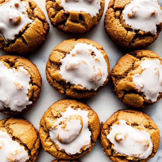 Soft pumpkin cookies topped with sweet vanilla glaze arranged on a baking surface