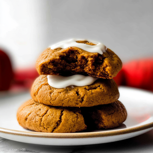 pumpkin cookies topped with sweet vanilla glaze arranged on a baking surface