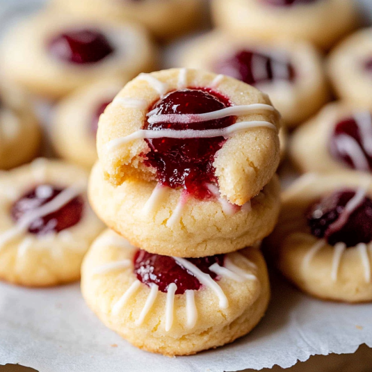 raspberry thumbprint cookies with fluted edges and glossy jam centers