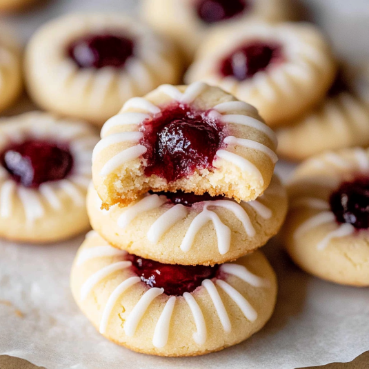 buttery raspberry thumbprint cookies with fluted edges and glossy