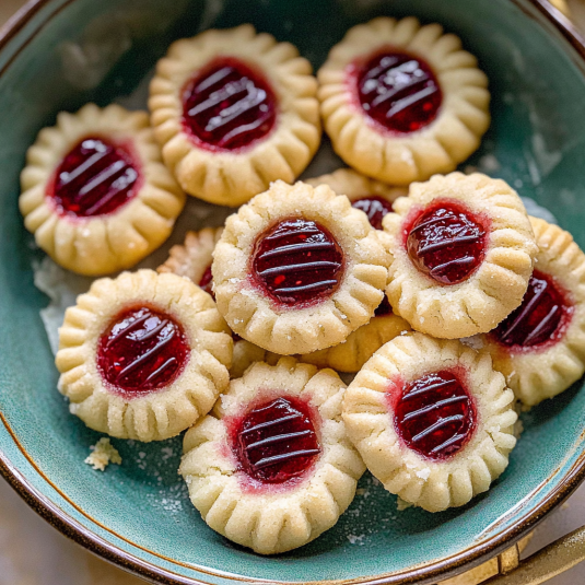 Plate of buttery raspberry thumbprint cookies with fluted edges and glossy jam centers