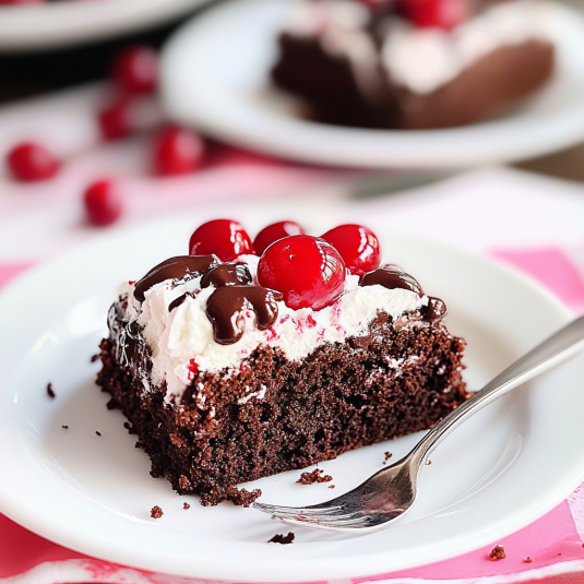 chocolate cherry cake topped with whipped cream and cherries