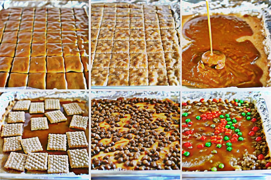 Step by step process of making Christmas Crack with saltine crackers, bubbling toffee, and chocolate topping