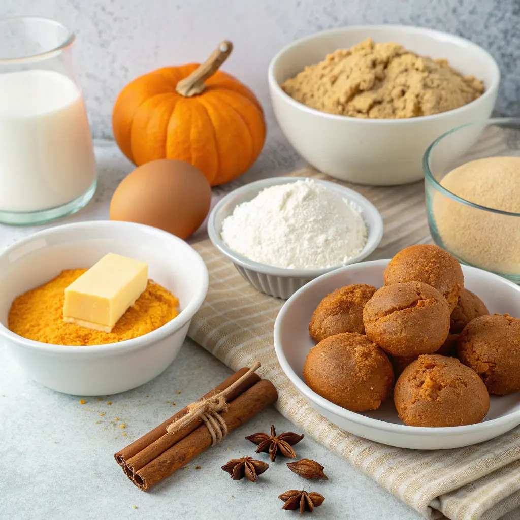 Pumpkin cookies ingredients including pumpkin puree, brown sugar, flour, butter, egg, milk, and warm spices on a baking surface