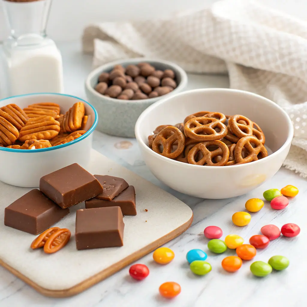Ingredients for Rolo pretzels including pretzels, chocolate caramel candies, milk, and colorful candy toppings