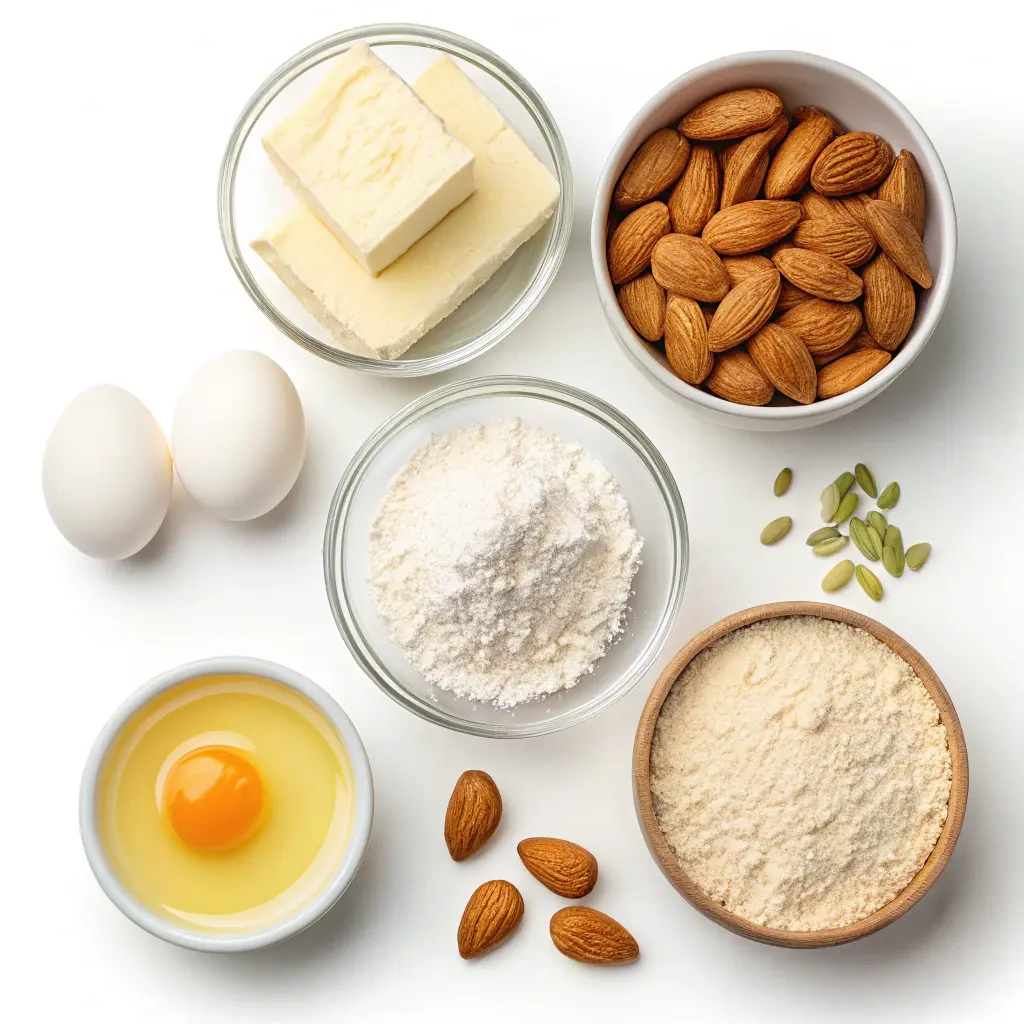 Almond cookie ingredients including almond flour, whole almonds, eggs, butter, and sugar arranged on a white background