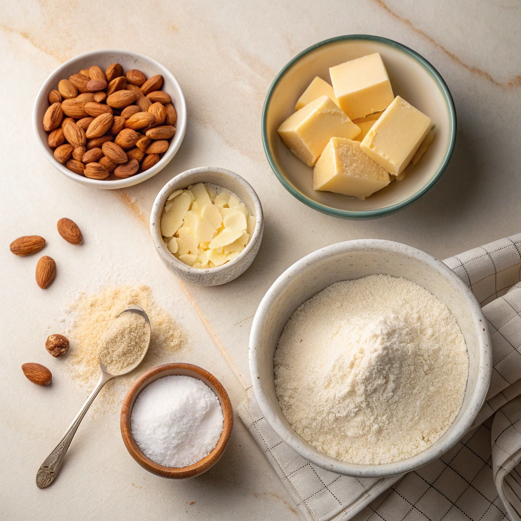 Flat lay of almond baking ingredients including butter cubes, whole almonds, flour, sugar, and salt on a marble countertop.