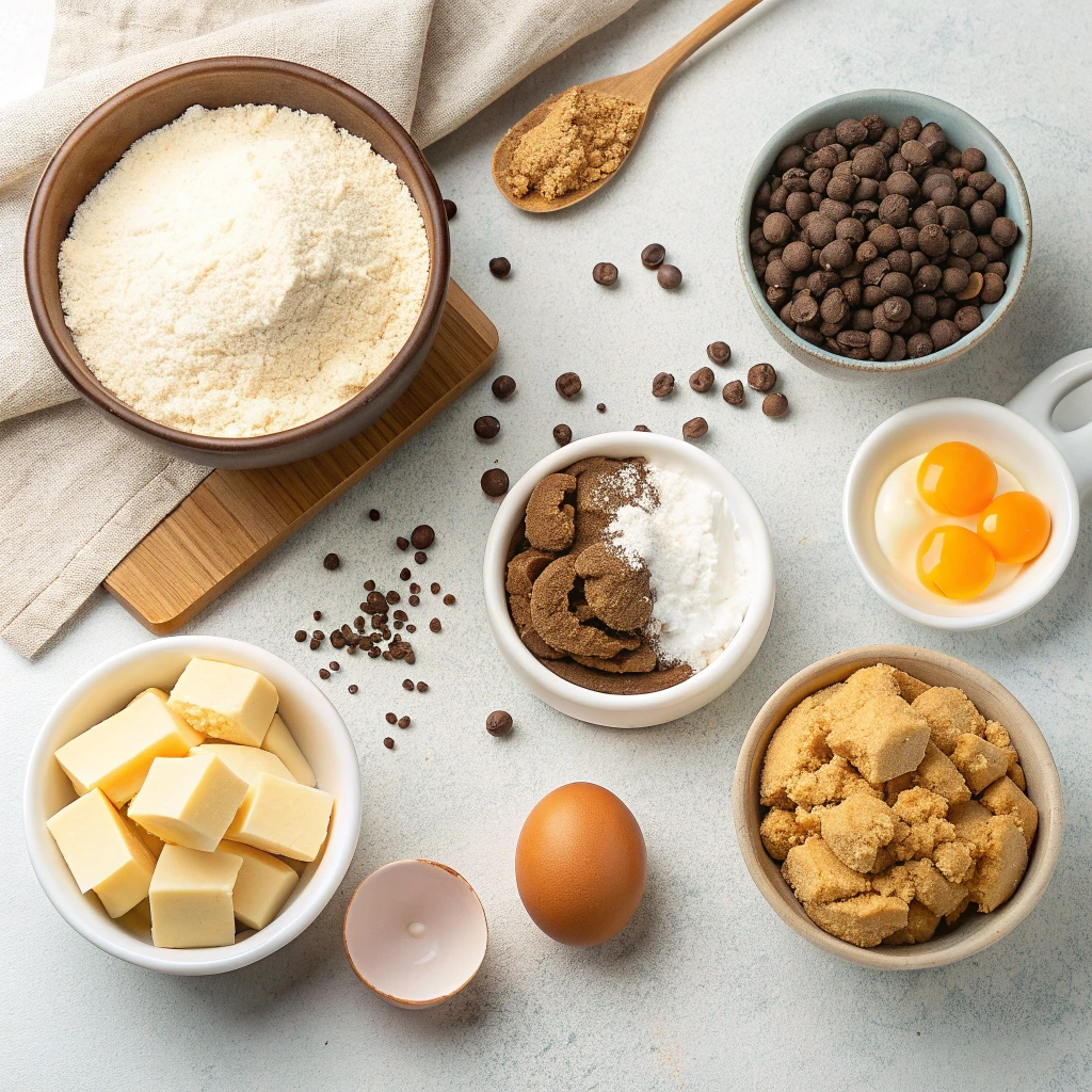 Chocolate chip cookie ingredients including flour, butter, eggs, sugar, and chocolate chips arranged on a light surface
