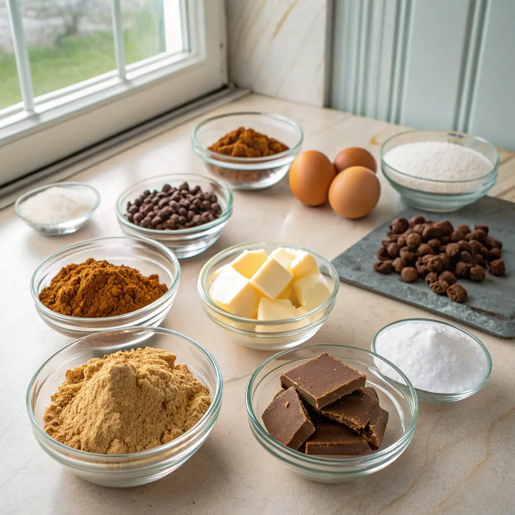 Measured ingredients for double chocolate cookies including cocoa powder, flour, butter, eggs, sugar, and chocolate chips