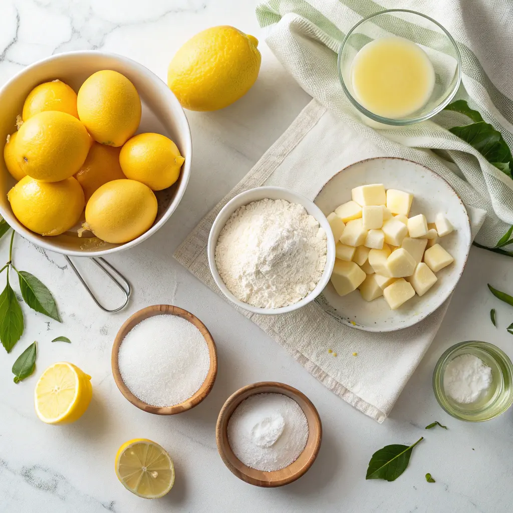 Flat lay of lemon sugar cookies ingredients including fresh lemons, butter, flour, sugar, and lemon juice on a marble surface
