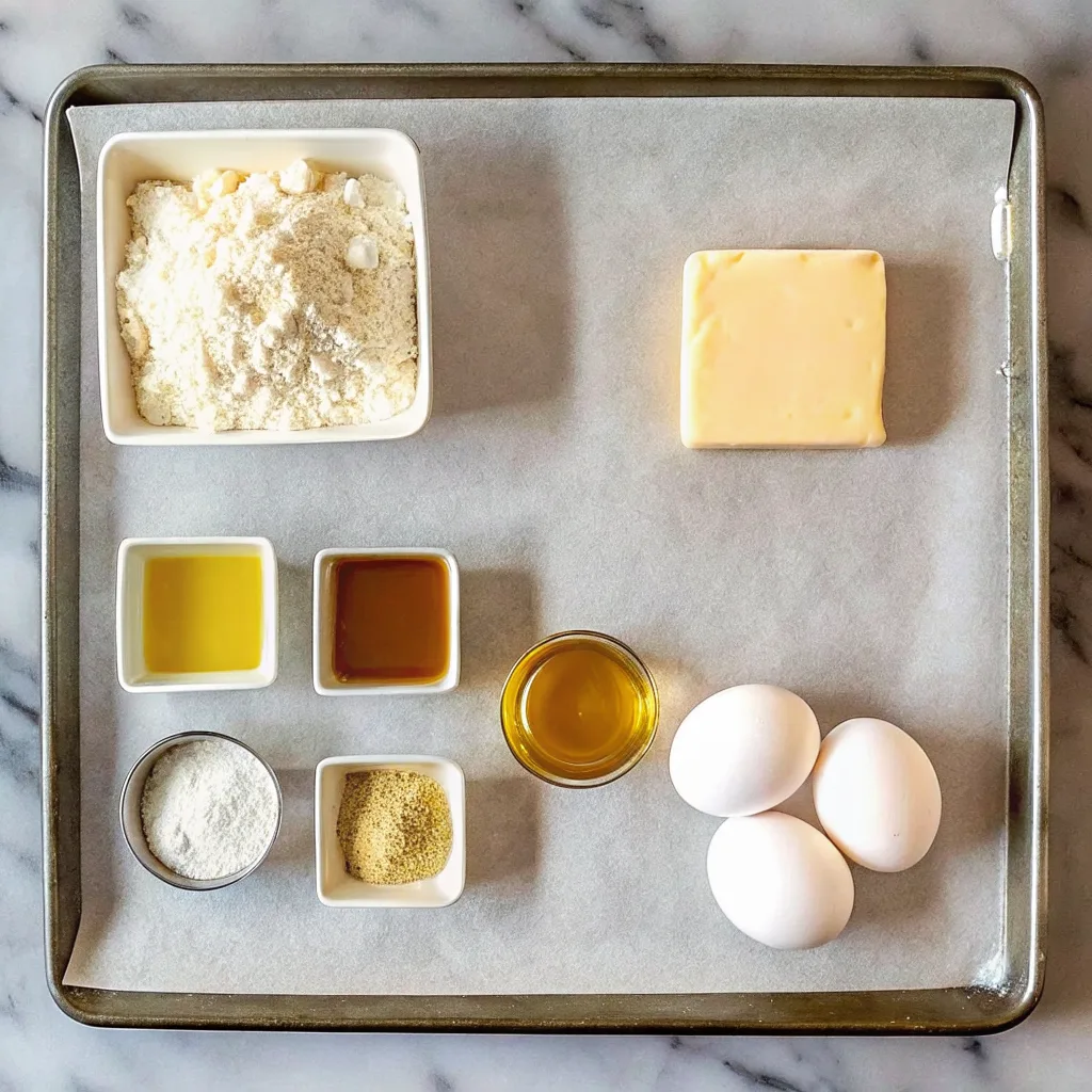 Ingredients for pineapple poke cake arranged on a baking sheet, including cake mix, butter, eggs, oil, pineapple juice, and seasonings.