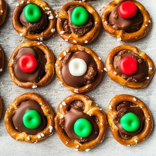Rolo pretzels topped with melted chocolate, candy pieces, and chocolate candies