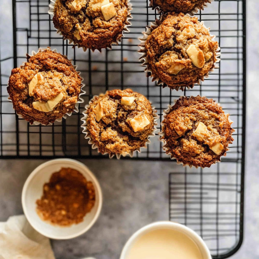 Overhead view of soft ABC muffins made with apple banana and carrot cooling on a wire rack, no added sugar
