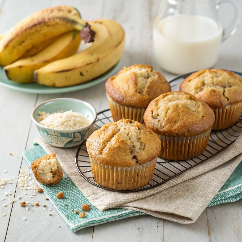 Banana buttermilk muffins with golden domed tops cooling on a wire rack, served with ripe bananas and milk.