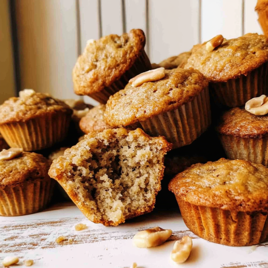bakery style banana nut muffins with tall domes and crunchy walnut topping