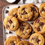Brown butter chocolate chip cookies with golden edges and melted chocolate chunks on a baking tray
