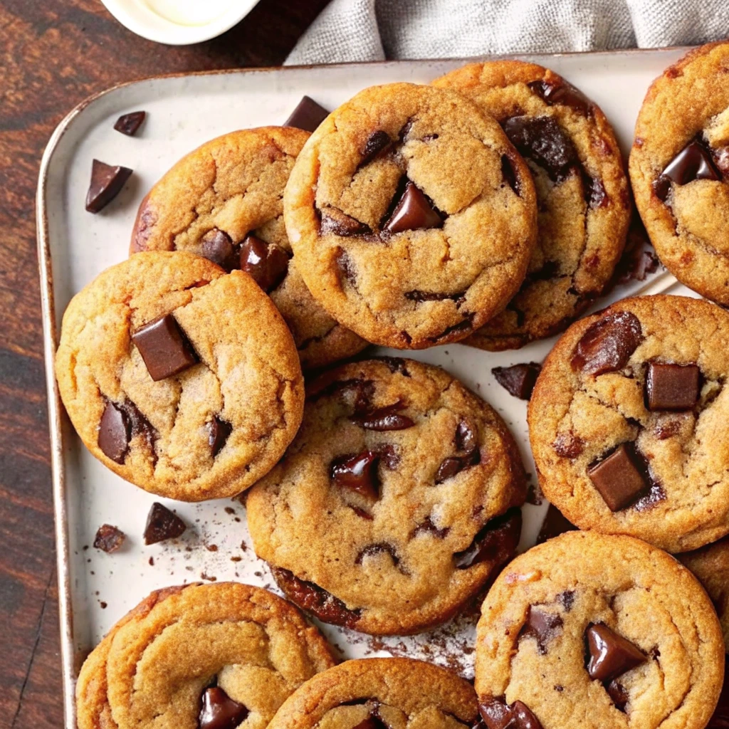Brown butter chocolate chip cookies with golden edges and melted chocolate chunks on a baking tray