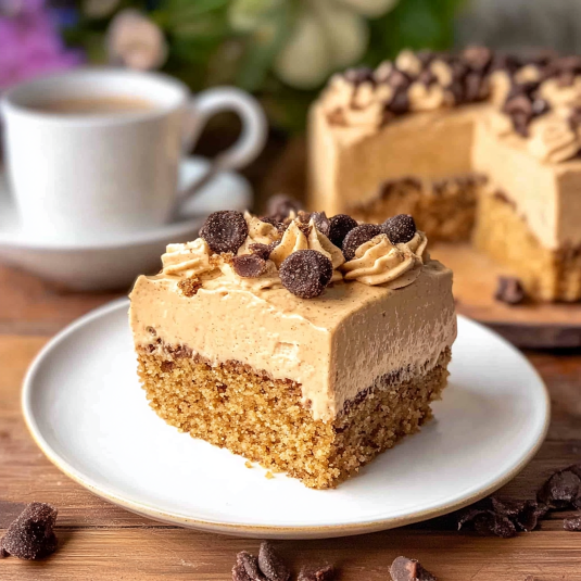 brown sugar latte cake layered with espresso cream cheese frosting and topped with chocolate covered espresso beans