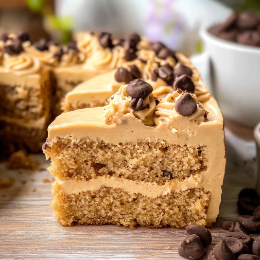 Slice of brown sugar latte cake layered with espresso cream cheese frosting and topped with chocolate covered espresso beans