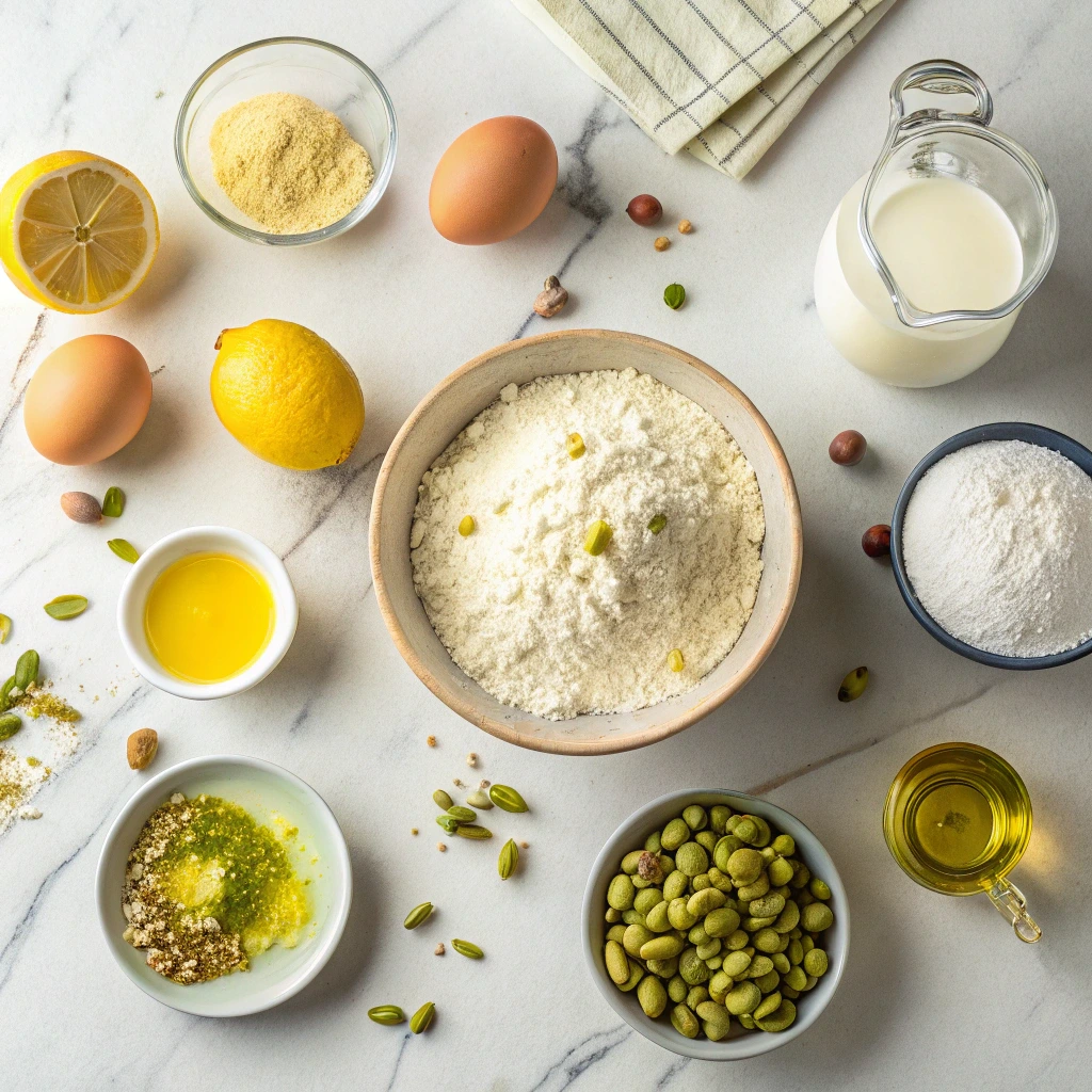 Ingredients for lemon pistachio cake including flour, pistachios, lemons, olive oil, eggs, sugar, milk, yogurt, and matcha