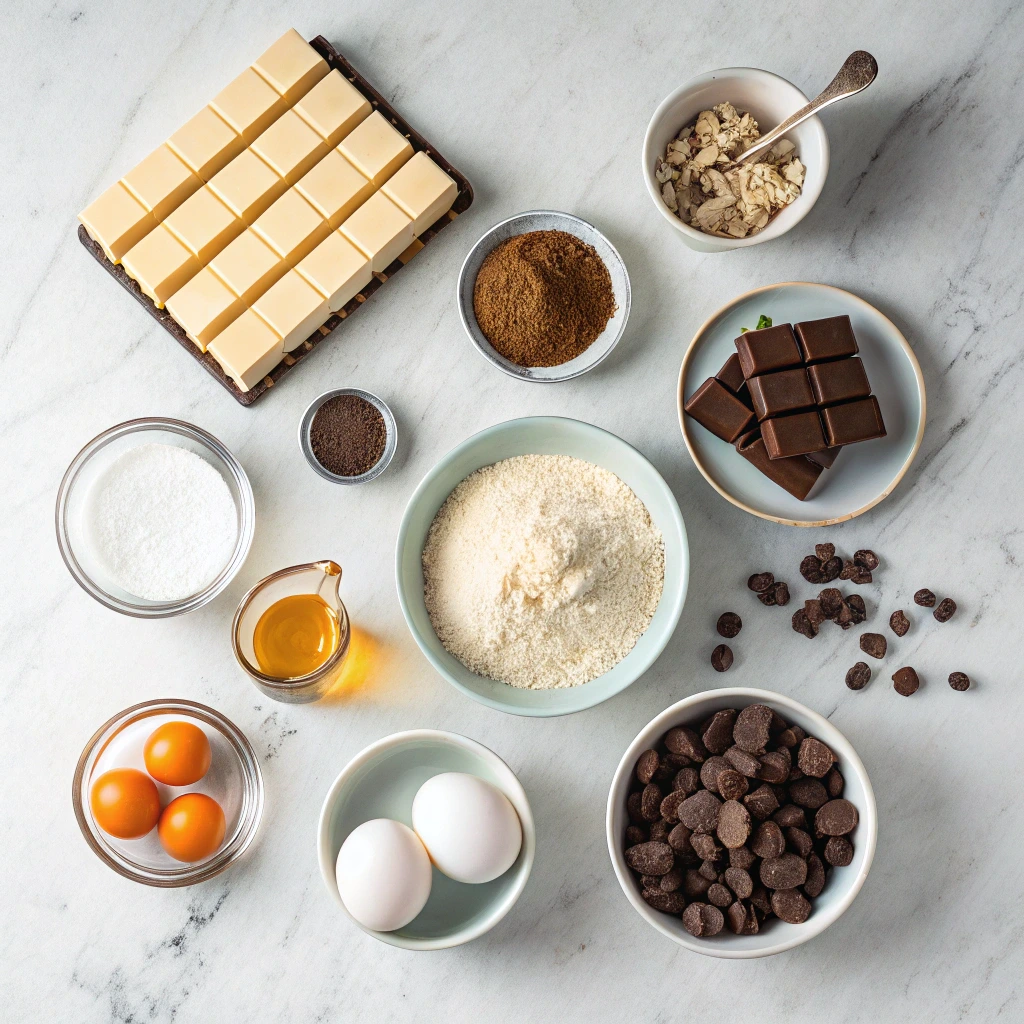 Brookies ingredients arranged on a marble surface including butter, eggs, flour, cocoa powder, sugars, dark chocolate, and chocolate chips